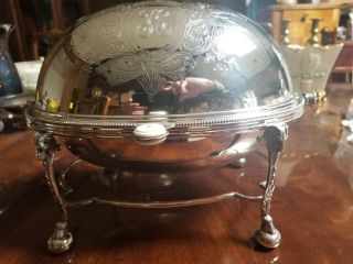 Antique Ca.  1860 Victorian Silver Plate Oval Revolving Dome Tureen With 2 Liners