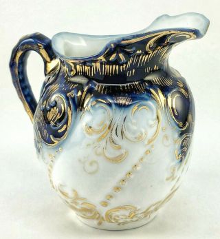 Vintage Antique Porcelain Hand Painted Cobalt Blue Gold Creamer Pitcher