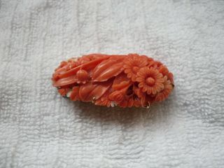 Vintage Red Coral Carved Brooch 18k 3