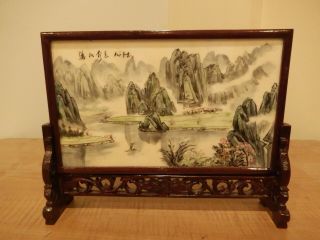 Vintage Chinese Porcelain Table Screen Hand Painted Double Sided & Wood Stand