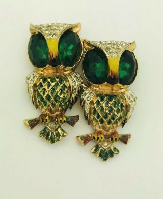 Vtg Sterling Coro Duette Green Rhinestone Enamel Owl Dress Clip Brooch Set 1940s