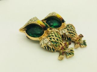 Vtg Sterling CORO DUETTE Green Rhinestone Enamel Owl Dress Clip Brooch Set 1940s 2