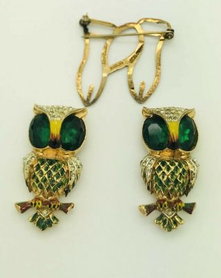 Vtg Sterling CORO DUETTE Green Rhinestone Enamel Owl Dress Clip Brooch Set 1940s 6