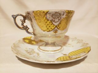 Vintage Tea Cup And Saucer Opalescent Yellow Gold Leaves W/gold Trim