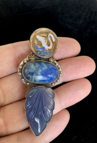 Amy Kahn Russell Silver Swan Pendant/lapis Lazuli/vintage Button.
