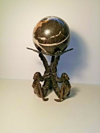 Vintage Bronze Mermaid Base & Black Marble Orb/sphere - Over 9.  5 Lbs - No Damage