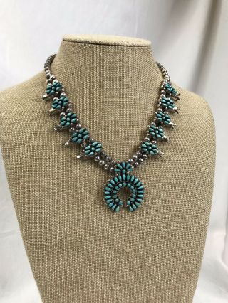 Vintage Zuni Turquoise Silver Squash Blossom Needlepoint Signed Necklace