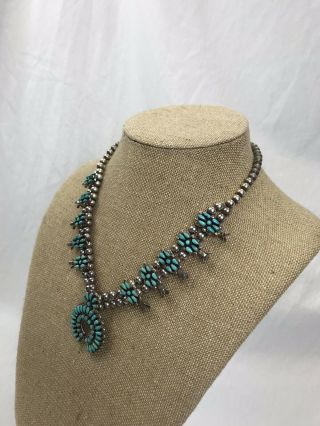 Vintage Zuni Turquoise Silver Squash Blossom Needlepoint Signed Necklace 2