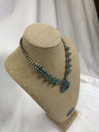 Vintage Zuni Turquoise Silver Squash Blossom Needlepoint Signed Necklace 3