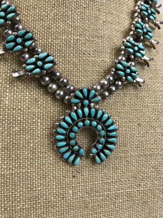 Vintage Zuni Turquoise Silver Squash Blossom Needlepoint Signed Necklace 5