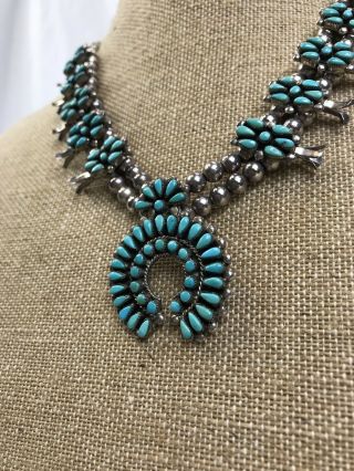 Vintage Zuni Turquoise Silver Squash Blossom Needlepoint Signed Necklace 6