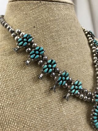 Vintage Zuni Turquoise Silver Squash Blossom Needlepoint Signed Necklace 7