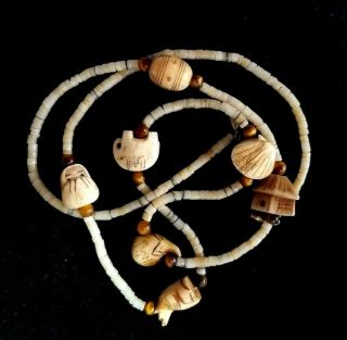 Vintage Alaska Eskimo Inuit Carved Fetish Heishi Necklace Cats Eye Gemstone 28 "