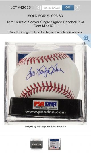 Tom Terrific Seaver PSA/DNA GEM 10 Signed Baseball RARE Worth $1000 3