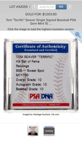 Tom Terrific Seaver PSA/DNA GEM 10 Signed Baseball RARE Worth $1000 4