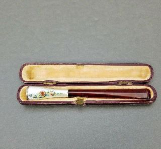 Antique Enamel Guilloche Cigarette Holder Edwardian Amber W Fitted Case