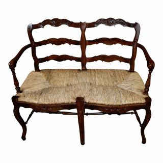 Vintage Carved Country French Style Settee W/rattan Seat