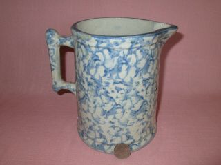 Antique 19th C Stoneware Blue Spongeware Spatterware Small Square Handle Pitcher