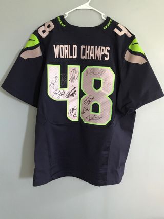 Seattle Seahawks Team Signed Nike Elite World Champs Bowl 48 Jersey Rare 2