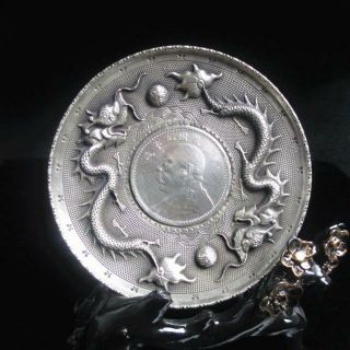 Collectible Old Copper Plating Silver China Double Dragon Ball Coin Plate B01