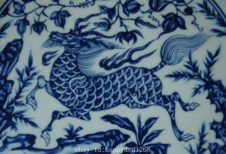 china old Blue and white porcelain hand - painted kirin plate /qianlong mark Bb02F 4