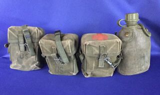 Vintage Wwii Us Military Web Belt With 3 Pouches & Canteen