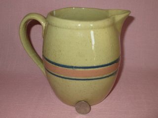 Antique 19th C Stoneware Yellow Ware Small Blue Pink Banded Pitcher 6 "