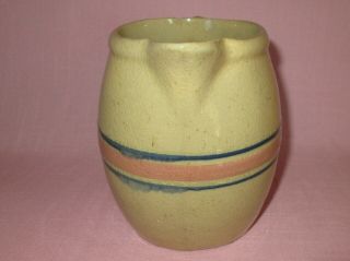 Antique 19th C Stoneware Yellow Ware Small Blue Pink Banded Pitcher 6 