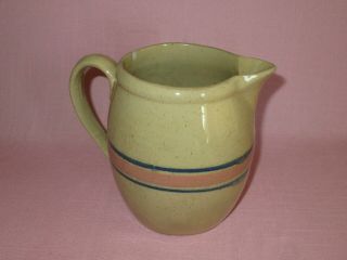 Antique 19th C Stoneware Yellow Ware Small Blue Pink Banded Pitcher 6 