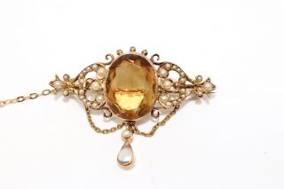 A Stunning Antique Victorian 15ct Yellow Gold Citrine & Pearl Swag Brooch 1220