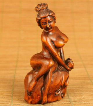 Rare Asian Old Boxwood Flowers Belle Statue Figure Netsuke Table Home Decoration