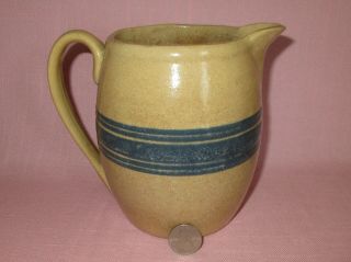 Antique 19th C Stoneware Yellow Ware Small Blue Banded Pitcher 6 "