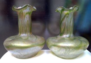 Fritz Heckert Tiffany Style Silberband Art Nouveau Green Glass Vase Pair Rare