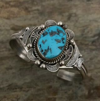 Vintage Old Pawn Native American Sterling Silver Turquoise Cuff Bracelet.  Ms