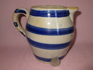 Antique Stoneware Earthenware Small Striped Banded Cobalt Blue Pitcher Rare 5.  5 "