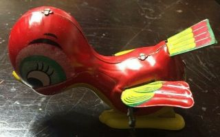 Vintage Red Hopping Pecking Wind Up Tin Toy Bird Mikuni Rare