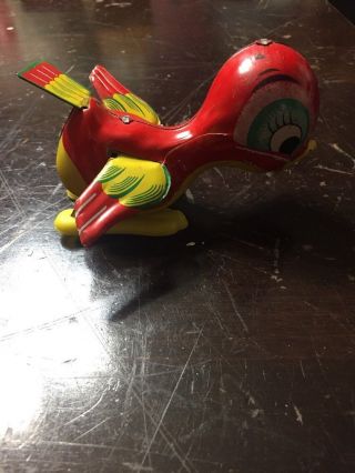 Vintage Red Hopping Pecking Wind Up Tin Toy Bird Mikuni Rare 2
