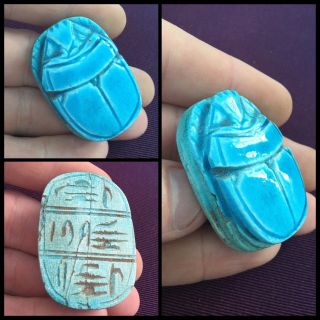 Rare Ancient Egyptian Blue Glazed Scarab Beetle With Hieroglyphics 300 Bc