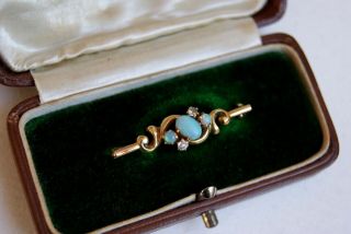 Fine Antique Victorian 9 Carat Gold Opal & Diamond Bar Brooch Pin Cased 3.  0 Cms