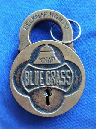 Antique Vintage Belknap - H & M Co - Blue Grass Advertising Lock Padlock W Key