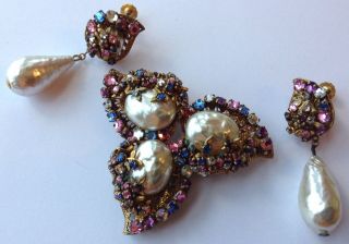 Vtg Miriam Haskell Signed Baroque Pearl Colorful Rhinestone Brooch & Earring Set