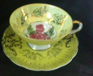 Vtg Royal Sealy China Footed Tea Cup & Saucer Set Yellow W/ Gold Trim Pink Rose