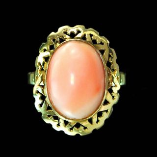 Gorgeous Solid 14k Yellow Gold Angelskin Coral Cabochon Ring,  Rings M - F