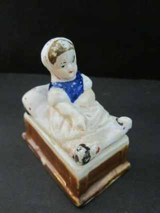 Antique Porcelain Bisque Girl In Bed Box.  Vintage.  Artist Signed Kmw.  Miniature.