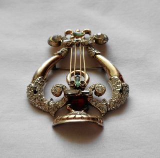 Rare Vintage Signed Corocraft Sterling Carnegie Hall Jeweled Harp Brooch Pin