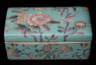 Asian Macau Chinese Ceramic Lidded Box With Flowers & Birds For Jewelry Trinkets