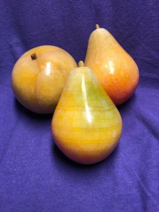 3 Vintage Italian Hand Carved Alabaster Stone Fruit Orange? 2 Pears Ex
