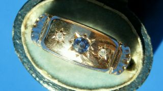 Antique Edwardian Royal Blue Sapphire & Diamond 9ct Gold Gypsy Ring B 