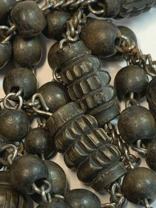 † 1800s Antique French Priest Made Hand Carved Wood Rosary & Inlay Crucifix †