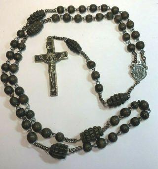 † 1800S ANTIQUE FRENCH PRIEST MADE HAND CARVED WOOD ROSARY & INLAY CRUCIFIX † 2